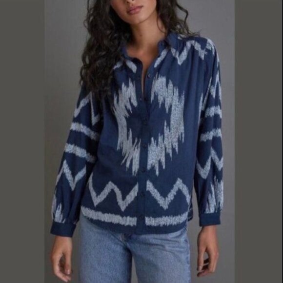 Pilcro Navy Southwestern Velvet Detail Relaxed Button Shirt Womens Size Small - Picture 1 of 9